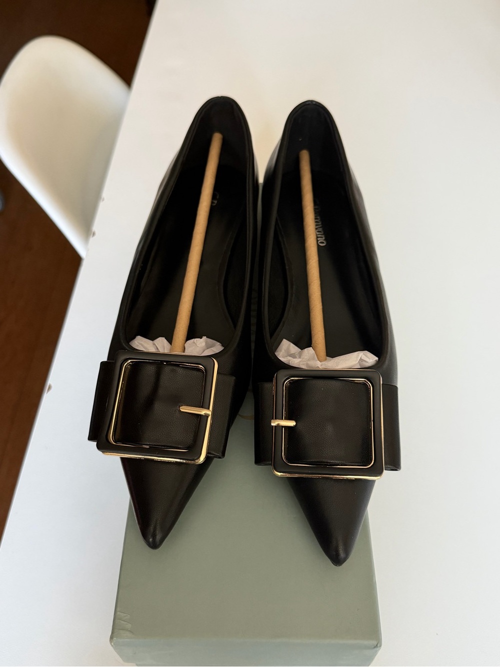 Black Pointed Buckle Flats with Gold Trim